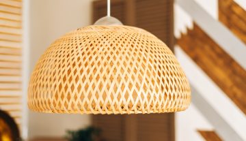 Straw lampshade in modern living room. Eco-friendly interior design using natural materials.